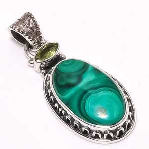 Green Malachite Pendant Peridot Two Stone 925 <b>Solid</b> Sterling <b>Silver</b> Natural Gemstone <b>Necklace</b> Jewelry Gift - Product Image 5