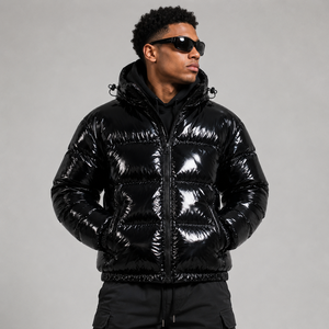 Chaqueta de plumón satinada brillante para hombre, personalizada, con cuello alto, cierre de cremallera, impermeable, de longitud regular, con capucha, para clima extremo - Product Image 5