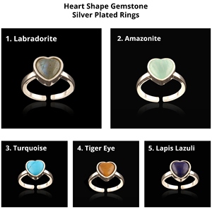 Heart Shape Natural Gemstone Silver Plated <b>Rings</b> Unisex Daily Wear Romantic Style Wholesale Jewelry Adjustable Band Brass <b>Rings</b> - Product Image 1