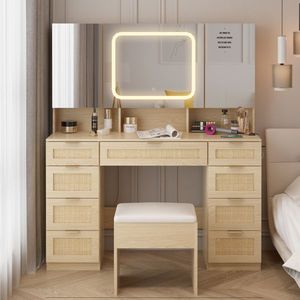 Large Makeup Vanity Table Set with 3 Opening LED-Lit Mirrors Full Storage Behind Mirror D Style Design - Product Image 1