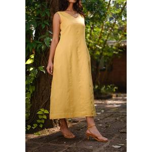 Vestido Largo sin Mangas Color Amarillo Mostaza para Mujer, Estilo Casual, Holgado, Veraniego, Ecológico, con Cintura Natural y Bolsillos - Product Image 2