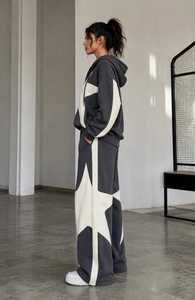 Conjunto Deportivo para Mujer, Negro y Blanco, Estampado Geométrico, Transpirable, Ligero, con Capucha, Cierre de Cremallera, Corte Holgado, Estilo Urbano - Product Image 5