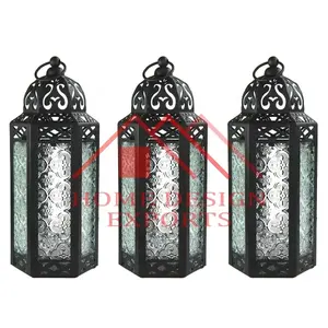 Klassiek Ontwerp Hangende Kaarslataarn Voor Huisdecoratie Metalen Antiek Zwart Frame Marokaanse Kaars T-Licht Lantaarn