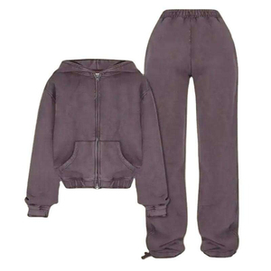 Women Acid Wash Winter Tracksuit Set Oversized Hoodie Jogger Pants Two Piece Outfit Casual Streetwear Gym Wear 100% Cotton - Product Image 3