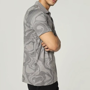 Short de golf pour homme haut de gamme, 100% coton, imprimé sublimation, motif géométrique à rayures ondulées bleu marine et gris, anti-plis, avec poche - Product Image 2