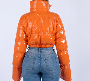 Orange Quilted Puffer Jacket Women Short Thick Pillow Collar Full Sleeve PU Coated Winter Fashion Coat - Product Image 4