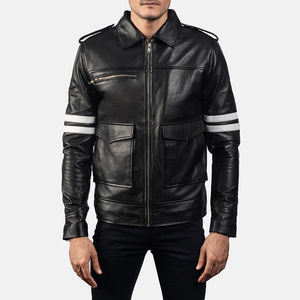 Men's Black Genuine <b>Leather</b> Biker <b>Jacket</b> with White Sleeve Stripes Zip Front Motorcycle Rider Casual Fashion Outerwear Custom - Product Image 3