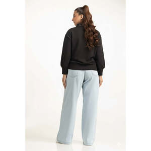 Suéter Polo Negro de Punto con Cuello de Flores, Estilo Casual Holgado para Otoño - Product Image 2