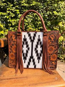 Handmade Genuine Leather Laptop Tote <b>Bag</b> with Black & <b>White</b> Aztec Wool Panel and Fringe - Product Image 6