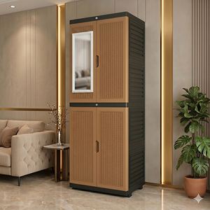 Nandos Portable Plastic <b>Clothes</b> Cabinet/Wardrobe Brown Rattan Design with Mirror Large Capacity Eco-Friendly <b>Storage</b> for Bedroom - Product Image 1