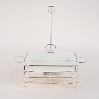 Ensemble de réchauds de buffet en céramique blanche de luxe avec couvercle en verre et support en acier inoxydable chromé, chauffe-plats carré pour mariage et réceptions
