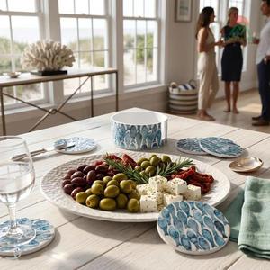 mother of pearl Round <b>Coaster</b> With <b>Blue</b> Fish Pattern Nordic Design 300mm Diameter Non-Slip Mat - Product Image 3