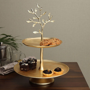 Elegant Two-<b>Tier</b> Gold <b>Cake</b> Stand Featuring Wavy Trays And An Artistic Tree Branch Handle Accent On Top For Serving & Decoration - Product Image 6
