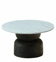 Socle cylindrique moderne en bois de manguier, finition noire texturée, dessus rond en marbre blanc, table basse pour salon