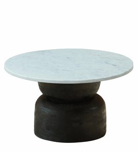 Socle cylindrique moderne en bois de manguier, finition noire texturée, dessus rond en marbre blanc, table basse pour salon - Product Image 3