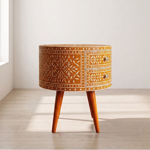 Mesa de Noche Moderna con Incrustaciones de Hueso Blanco y Naranja, Diseño Floral Hecho a Mano, Ecológica, para Muebles de Sala de Estar - Product Image 3