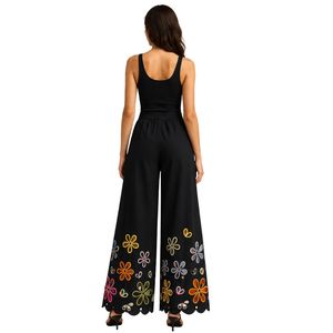 Pantalones Palazzo Negros de Pierna Ancha con Bordado Floral para Mujer, Cintura Alta, Algodón, Casuales, Personalizados OEM - Product Image 4