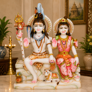 Murti en marbre de Shiva Parvati avec Nandi et Trishul |   Statue artisanale en marbre blanc de Shiva Parvati pour temple domestique par MALIYAS Jaip - Product Image 1
