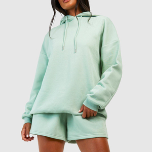 Sweat-shirt à capuche vert menthe pour femme, manches longues, coupe ample, couleur unie, décontracté, avec cordon de serrage, ensemble avec short assorti - Product Image 1