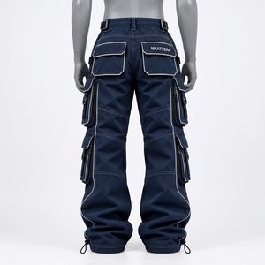 Pantalones Cargo Azul Marino para Hombre con Diseño de Múltiples Bolsillos, Detalles de Cremallera con Ribete Blanco, Correas Ajustables con Hebilla, Estilo Holgado y Utilitario - Product Image 3