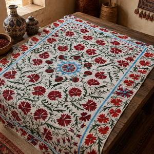Couvre-lit traditionnel en coton brodé Suzani, crème et bordeaux, motif floral botanique, fait main, ethnique indien, pour la maison - Product Image 3