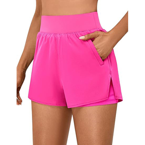 Shorts de sport rose fluo 2 en 1 pour femmes avec poche pour téléphone, polyester, taille haute, double couche, pour la course à pied et l'entraînement - Product Image 1