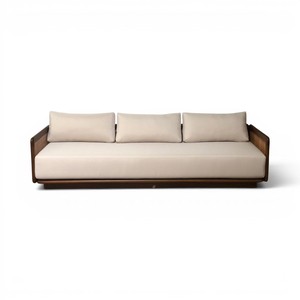 Sofá Moderno Minimalista Curvo de Madera de Teca Sólida y Duradera de 3 Plazas con Panel Lateral de Ratán y Cojín Crema para Apartamento y Parque - Product Image 2