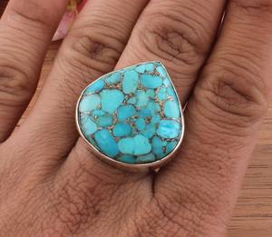 Bague en argent sterling avec sertissage en turquoise bleu cuivre, faite à la main, cadeau classique de mariage et d'anniversaire pour elle - Product Image 5