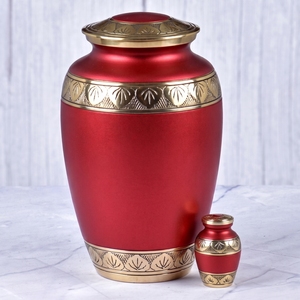 Urna Funeraria de Latón con Patrón de Hojas Rojas y Doradas, Superficie Mate, para Cenizas Humanas, Urna Conmemorativa y Funeraria - Product Image 1