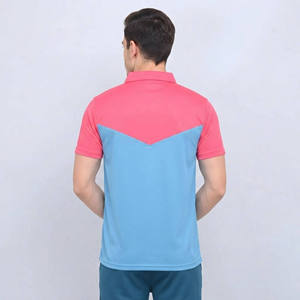 เสื้อเชิ้ตผู้ชายสีชมพู-น้ำเงินตัดกัน แขนสั้น ปกคอปก พิมพ์ลายโลโก้เปลวไฟ สวมใส่สบาย ระบายอากาศได้ดี ทรงปกติ รับสกรีนโลโก้ตามแบบ - Product Image 5