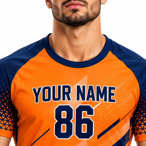 Ensemble de maillot de football pour homme orange et bleu marine, impression numérique, polyester/coton, écologique, séchage rapide, uniforme de football, short assorti - Product Image 6
