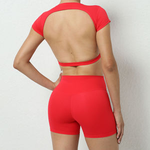 Ensemble de yoga et de sport pour femme, grande taille, uni, coupe ajustée, en Spandex/Nylon, avec soutien-gorge sexy à col licou et décolleté en V, pantalon évasé, taille élastique et logo frontal - Product Image 6