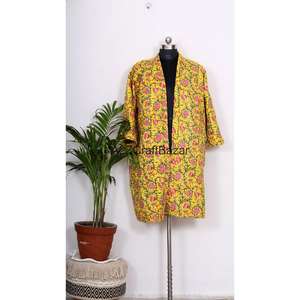 Kimono Kantha Floral Hecho a Mano Vintage para Mujer, Cuello en V, Manga Tres Cuartos, Bata de Lujo 100% Algodón Transpirable de Secado Rápido para Otoño - Product Image 2