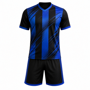 Uniforme de Fútbol para Hombre, Azul y Negro a Rayas, Cuello en V, Manga Corta, Absorbe la Humedad, Ajuste Atlético, para Todas las Temporadas - Product Image 1