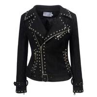 Veste en cuir véritable pour femme, style motard, noire, coupe slim, style punk, avec clous métalliques, veste en cuir pour femme