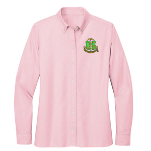  Chemise Oxford pour femmes, rose, manches longues, brodée, boutonnée, col classique, décontractée, uniforme de bureau, confortable, mélange de coton - Product Image 3