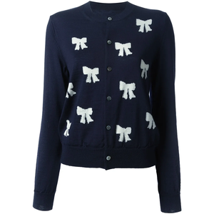 Navy & <b>White</b> Contrast Bow Wool/Cashmere Knit Cardigan Elegant V-neck Button Front Long Sleeve Thick Winter Layering Essential - Product Image 1