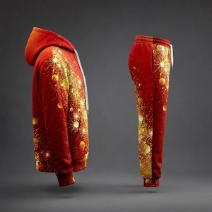Women Winter Hooded Tracksuit <b>Red</b> Gold Print Full Length Casual Sublimation Polyester Pants Set With Side Pockets Drawstring - Product Image 3