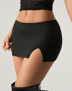 High Waist Black <b>Asymmetrical</b> Mini Skirt with Slit Women's Sexy Stretch Eco-Friendly Casual Polyester Skirt for All Seasons - Product Image 2