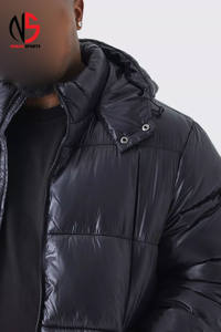 Veste matelassée à capuche personnalisée de haute qualité, taille plus, effet brillant, noire, coupe-vent, chaude, pour l'hiver, avec poches, pour hommes - Product Image 4