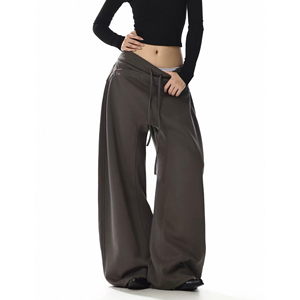 Pantalones de Mujer de Cintura Alta, Pierna Ancha, Corte Holgado, con Cordón, Color Sólido, Estilo Casual, Tejido de Punto, Estilo Otoñal - Product Image 1