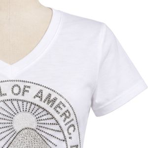 Jack and Jill Women <b>White</b> <b>V</b> <b>Neck</b> Rhinestone Graphic <b>T</b> <b>Shirt</b> Short Sleeve Sparkle Logo Casual Cotton Tee Fashion Top for Ladies - Product Image 5