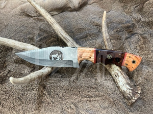 Cuchillo de caza OEM Wirecut de acero de Damasco, cuchillo Skinner con mango de madera, hoja fija para camping, cuchillo EDC para exteriores con funda de cuero - Product Image 5