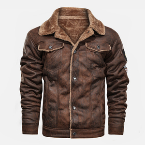 <b>Men's</b> Vintage Distressed Faux <b>Shearling</b> Lined Breathable Stand Collar Front Logo Aviator Pilot Winter Bomber <b>Jacket</b> - Product Image 1