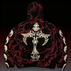 Sweat à capuche gothique pour homme, coupe oversize, zippé, imprimé par sublimation, motif rouge et noir, en polyester tricoté, style automne - Product Image 2