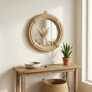 Miroir mural en rotin, cadre naturel simple, parfait pour la décoration de bureau ou de studio, pour une ambiance minimaliste et calme, provenant d'Inde. - Product Image 5
