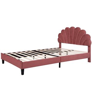 Letto matrimoniale imbottito con piattaforma e testiera in velluto rosso fagiolo con motivo floreale - Product Image 5