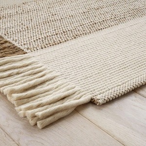 Scandinavian Plaid Wool Cotton Jute Rug Rectangle Reversible Flat Weave Jute Backing Living Room Beige Cream Brown Fringe - Product Image 2