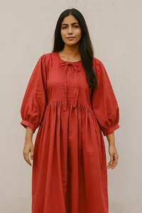 Elegant Coral Red Cotton Plain Maxi <b>Dress</b> With Tie Neck Puff Sleeve <b>Loose</b> Fit Women's Casual Summer <b>Dress</b> - Product Image 2