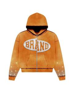 Ensemble de survêtement pour homme en coton 100% avec strass, comprenant un sweat à capuche et un pantalon de survêtement, effet délavé, coupe oversize, fermeture éclair intégrale, grammage lourd - Product Image 2